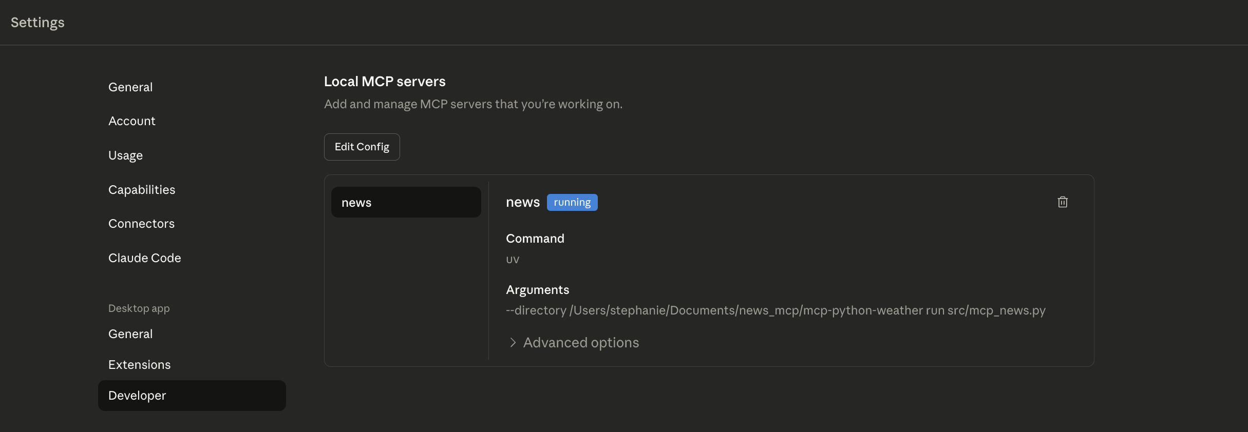 檢查 Claude 連接到 local MCP server